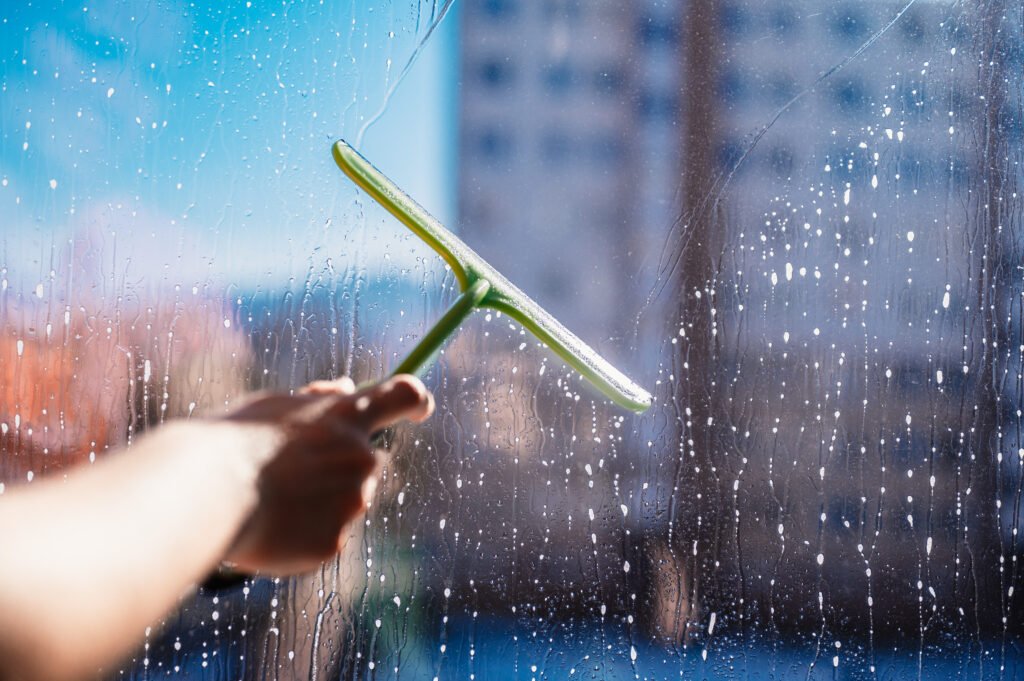 Woman clean a window with cleaning sprayer. Housekeeping concept. Girl hold in hand cleaning squeegee.